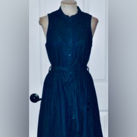 THRE3 Sleeveless Dark Blue Denim Vibes Button Up Fit & Flare Belted Dress EUC - Picture 16 of 16